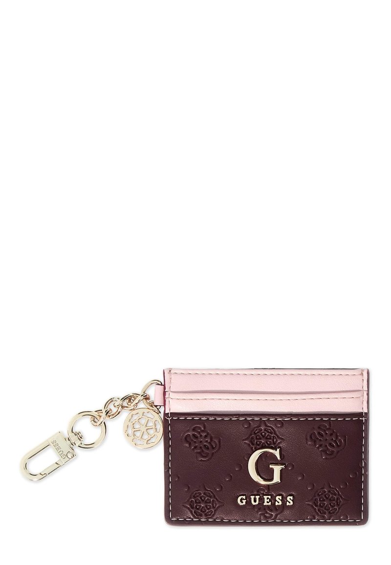 Portefeuille marron et rose en cuir synthétique, avec des motifs floraux embossés, des accessoires en or et un porte-clés détachable.