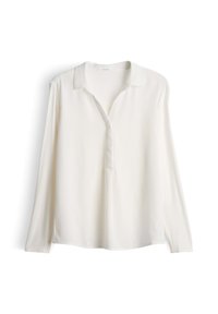 Lange mouwen, gekraagde shirt in licht ivoor, gemaakt van gladde, lichte stof. Heeft een voorknopsluiting en zijsplitten voor een comfortabele pasvorm.