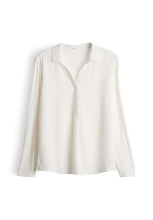 Lange mouwen, gekraagde shirt in licht ivoor, gemaakt van gladde, lichte stof. Heeft een voorknopsluiting en zijsplitten voor een comfortabele pasvorm.