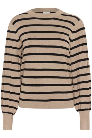 Beige sweater with black horizontal stripes, round neck, and long sleeves with gathered cuffs. Soft knit material with a relaxed fit.