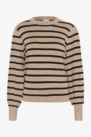 Beige Pullover mit schwarzen horizontalen Streifen, Rundhalsausschnitt und langen Ärmeln mit gerafften Bündchen. Weiches Strickmaterial mit lässiger Passform.