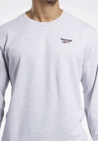 Szara bluza z długim rękawem wykonana z mieszanki bawełny, z małym wyszywanym logo Reebok w kolorze czerwonym i niebieskim na lewej piersi.