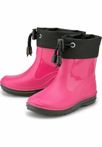 Stivaletti da pioggia in gomma rosa con un risvolto in tessuto nero, cordino regolabile e suole testurizzate per un'ottima aderenza. Design elegante per una buona resistenza all'acqua.