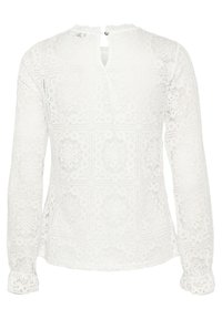 Weiße Spitzenbluse mit einem detaillierten Blumenmuster, langen Ärmeln mit Knopfmanschetten und einer Schlitzöffnung am hinteren Halsausschnitt.