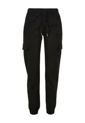 Mustad cargo-püksid, millel on elastne vöökoht, nöörkinnitusega ja küljetaskud. Valmistatud pehmest materjalist ja mansettidega säärtega.
