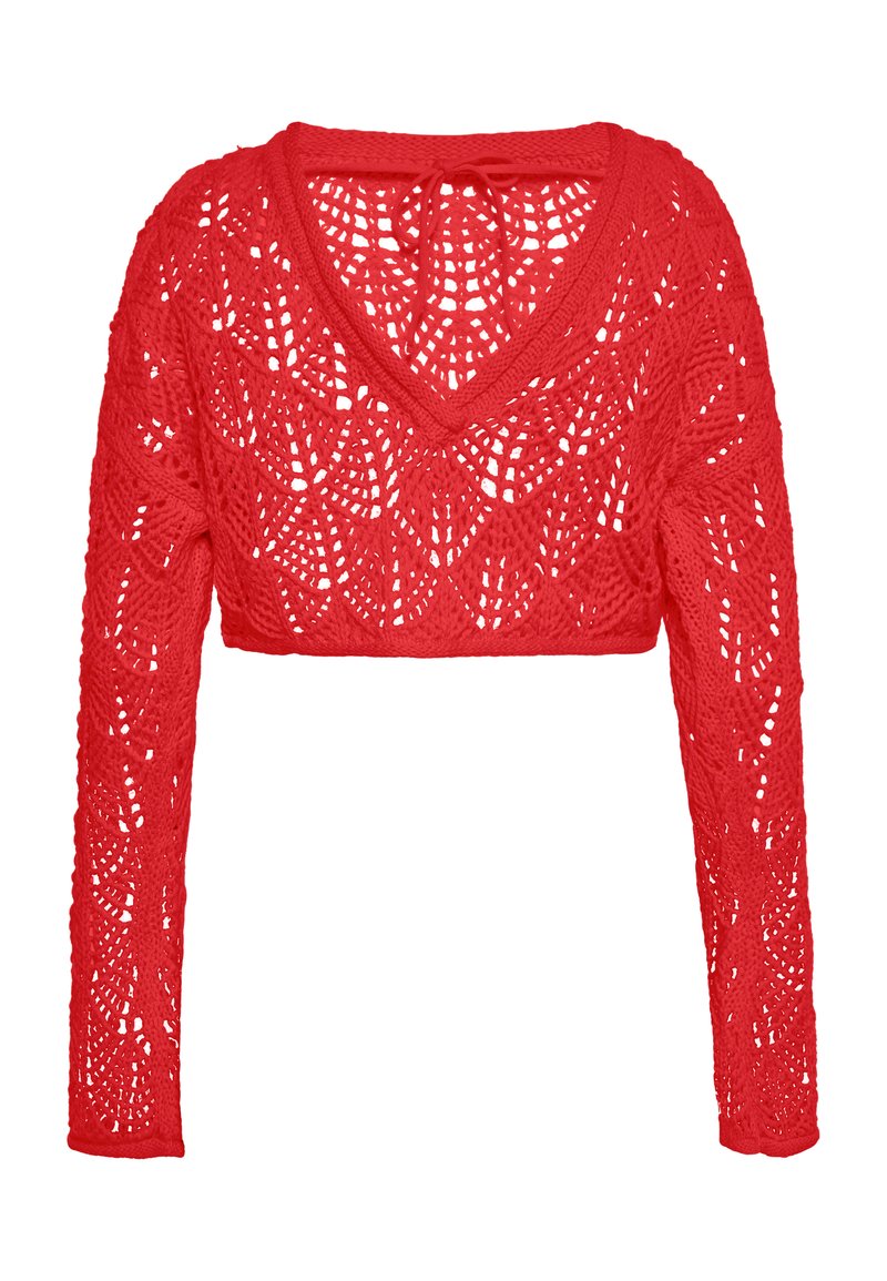 Rode gebreide crop sweater met lange mouwen, voorzien van een opengewerkt kantpatroon en een V-hals ontwerp. Geweven stof over het geheel.