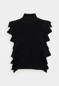 Haut sans manches en maille noire avec un col montant, comprenant des accents à volants le long des épaules et des coutures latérales. Tissu texturé.