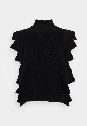 Musta neulottu hihaton paita, jossa on korkea kaulus ja röyhelöityjä yksityiskohtia olkapäillä ja sivusaumoissa. Pinta teksturoitu.