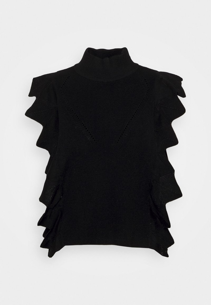 Haut sans manches en maille noire avec un col montant, comprenant des accents à volants le long des épaules et des coutures latérales. Tissu texturé.