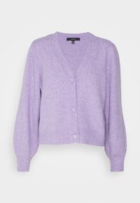 Lavendel gestrickte Strickjacke mit V-Ausschnitt, langen Puffärmeln und geripptem Saum. Verfügt über fünf Knöpfe auf der Vorderseite und eine weiche Textur.