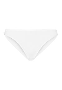Mutandine bianche in bikini realizzate in tessuto morbido. Presentano un design a vita bassa con copertura laterale minima e una finitura pulita e senza cuciture.