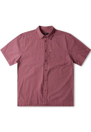 Short-sleeve button-up shirt in dark pink, with a textured pattern. Features a standard collar, chest pocket, and front button closure.