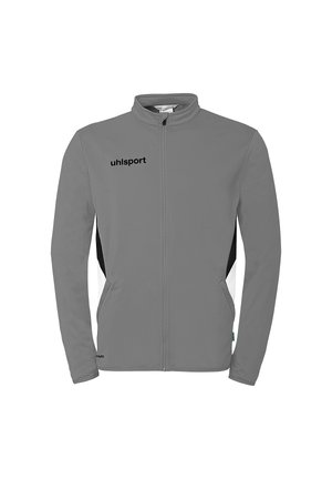 Graue Sportjacke mit durchgehendem Reißverschluss, schwarzem "uhlsport"-Logo auf der linken Brust und schwarz-weißen Seitenpartien, mit langen Ärmeln und hohem Kragen.
