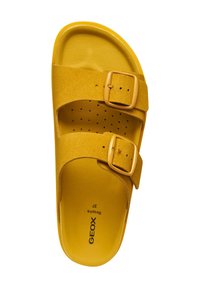 Infradito gialli con due cinturini a fibbia, realizzati in suede. Presentano una soletta perforata per la traspirabilità e una suola piatta. Marcati 'GEOX' e taglia 37.