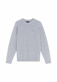 Ljust grå crewneck-tröja i mjukt tyg. Har ribbade muddar och nederkant, med en liten broderad logotyp på bröstet.