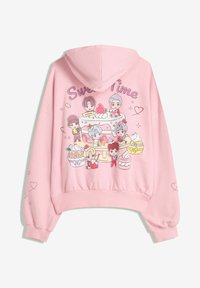 Pink hoodie featuring a graphic print of characters around a dessert table with a cake. Soft fabric, drawstring hood, ribbed cuffs.
