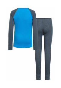 Long-sleeve top in bright blue with gray raglan sleeves and gray leggings, made of soft, stretchy fabric; seamless design for comfort.