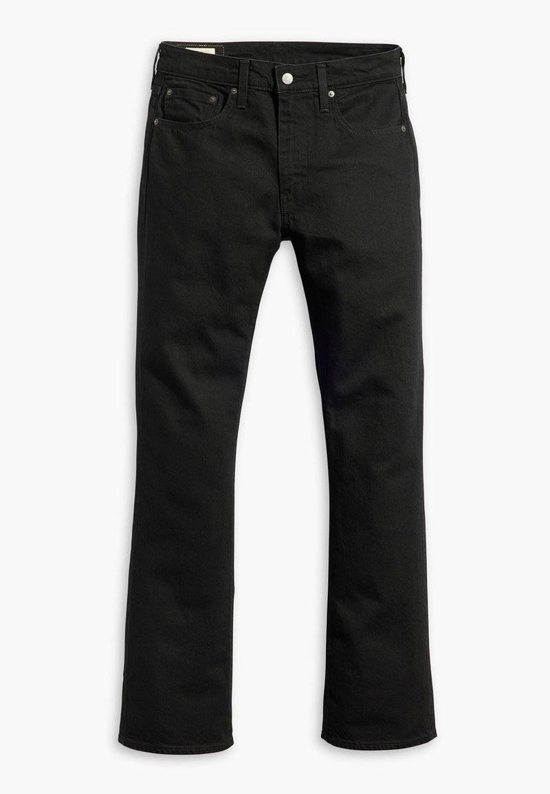 Schwarze Denim-Jeans mit geradem Beinschnitt, fünf Taschen, metallischem Knopfverschluss und dezenten Steppdetails. Glatte Textur und einfarbig.