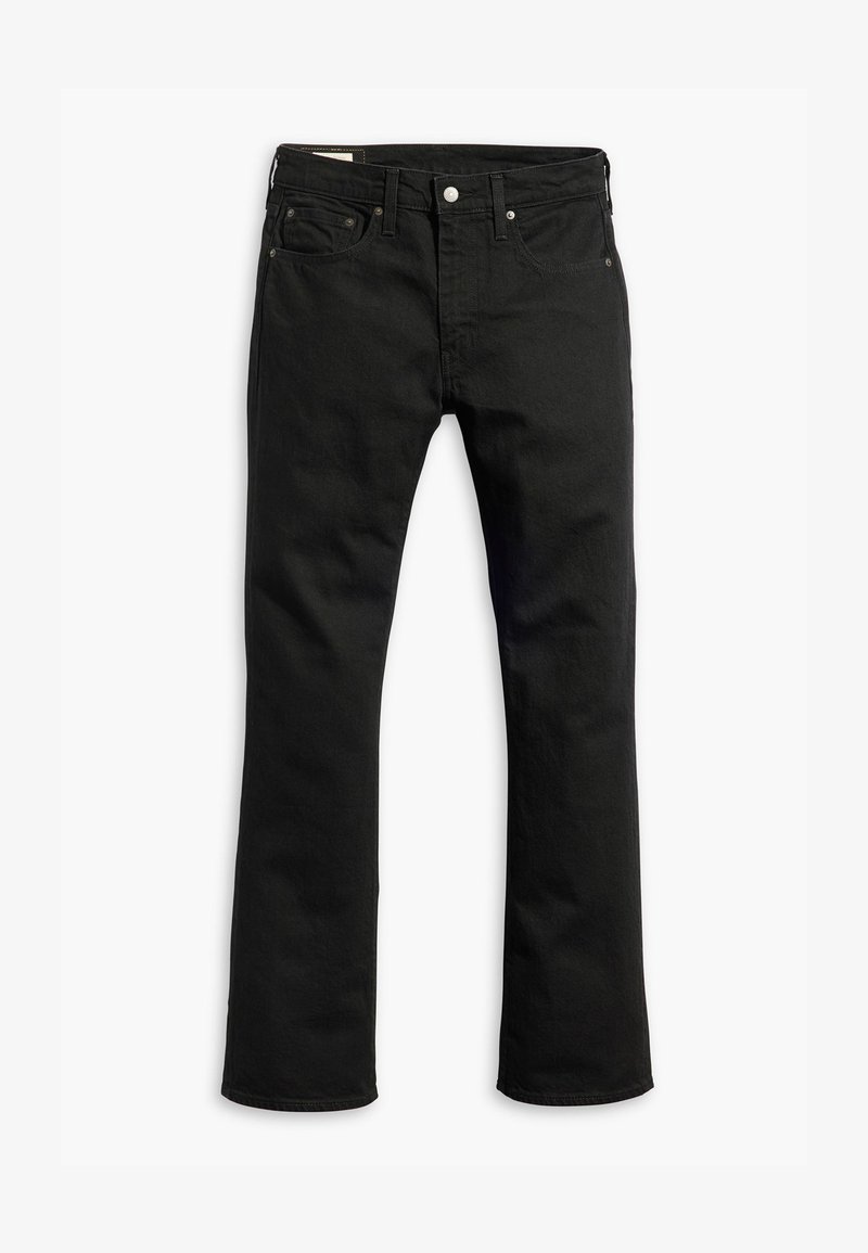 Fekete farmernadrág egyenes szárú fazonnal, öt zsebel, fém gombos záródással és visszafogott varrási részletekkel. Simább textúra és egységes szín.