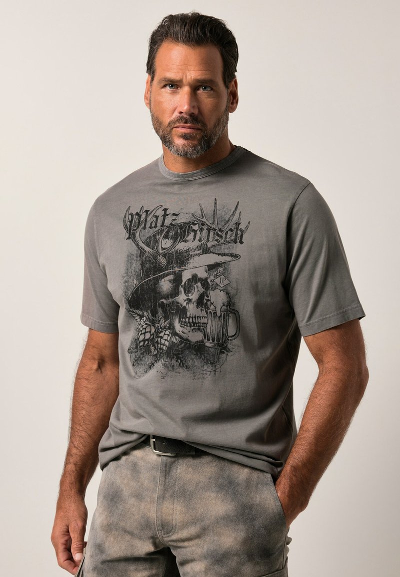 Šedé bavlněné tričko s grafikou lebky s kloboukem a pivním hrnkem, krátké rukávy, kulatý výstřih a vintage vzhled s opotřebovaným tiskem.