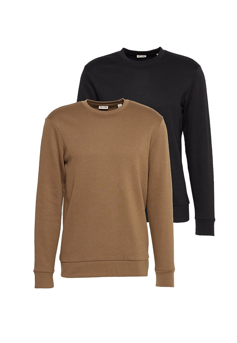 Two crewneck sweatshirts: one brown, one black. Made of soft, textured fabric with ribbed cuffs and hem detailing. Classic fit.
