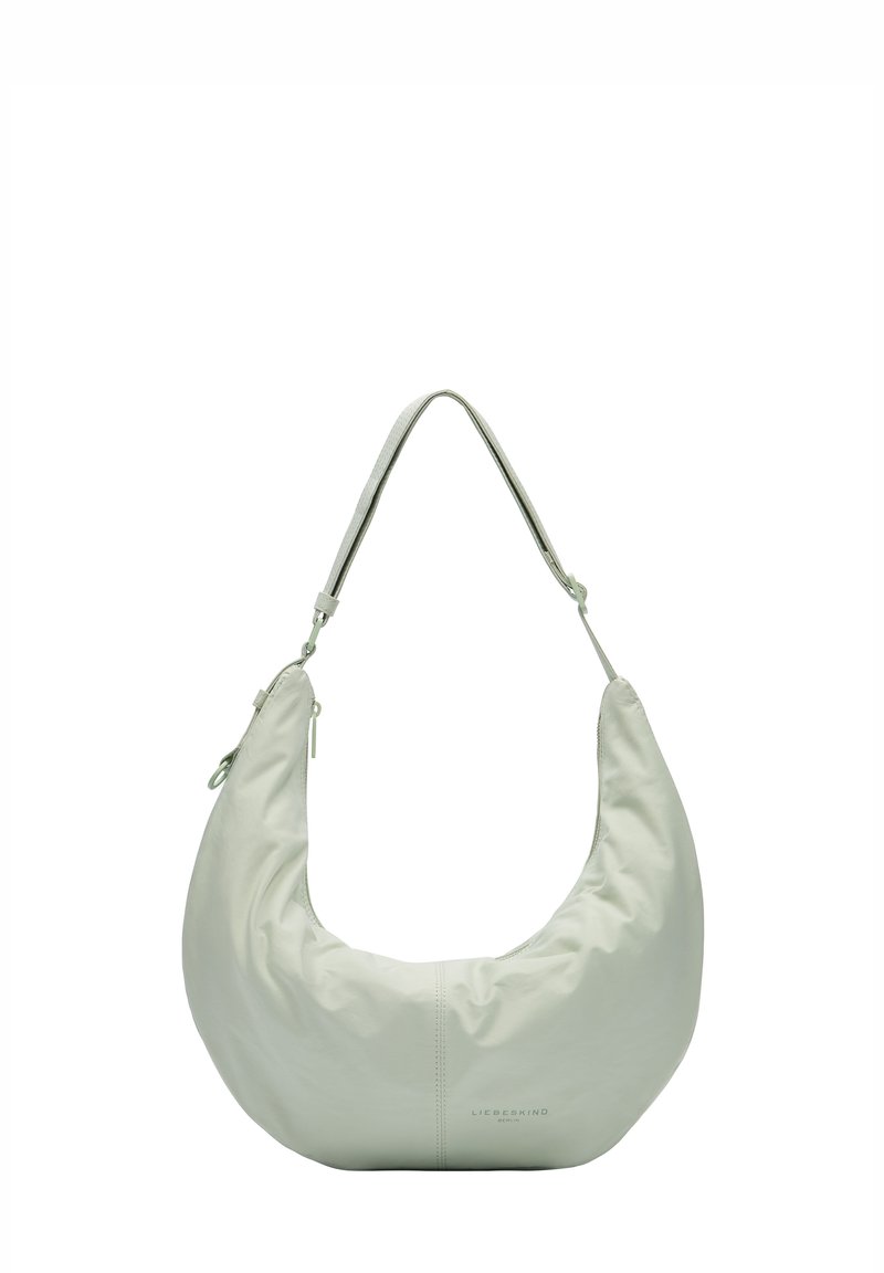 Borsa hobo in morbida pelle verde chiaro, con forma curvata, tracolla unica e cuciture sottili con logo brandizzato.
