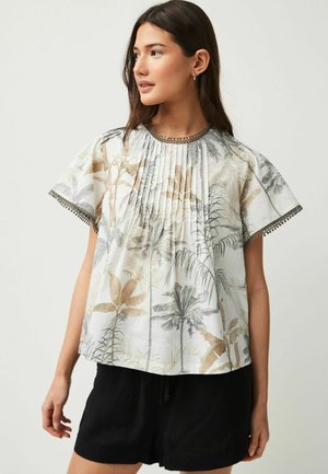 SHORT SLEEVE PLEAT FRONT - Bluză - ecru palm print