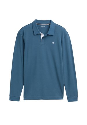 Camicetta a maniche lunghe in cotone teal, con colletto bianco, tre bottoni e un piccolo logo sul petto.