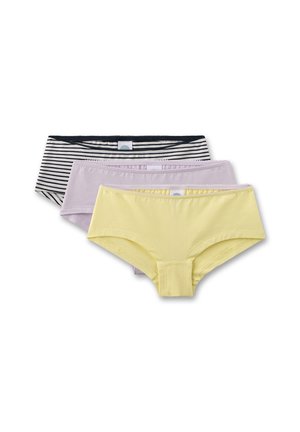 Drei Paare Damenunterhosen: eine schwarz-weiße gestreifte, eine helllila und eine gelbe. Aus Baumwollmaterial mit elastischen Taillengummis.