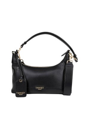 Borsa a mano in pelle nera con cerniera dorata, tracolla staccabile e logo Twinset Milano sul davanti e targhetta attaccata.