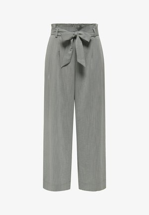 Spodnie o wysokim stanie, jasnoszare, z szerokimi nogawkami, z paskiem materiałowym zawiązanym w kokardę w talii i szlufkami na pasek.