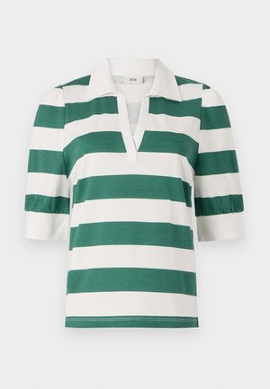 Zeleno-bele črtaste polo majice s kratkimi napihnjenimi rokavi in V-izrezom. Narejena iz mehke, lahke tkanine.