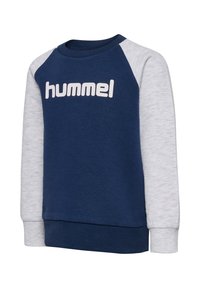 Granatowa i szara bluza z raglanowymi rękawami, ściągaczami przy mankietach i u dołu. Posiada logo "hummel" w białym kolorze na klatce piersiowej. Wykonana z mieszanki bawełny.