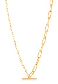 Collana in oro con maglie allungate e un clasps a levetta elegante, che presenta una finitura lucida e una consistenza liscia.