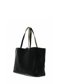 Sac cabas en cuir noir à texture lisse, deux longues anses et une seule compartiment ; sans quincaillerie ni accents visibles.