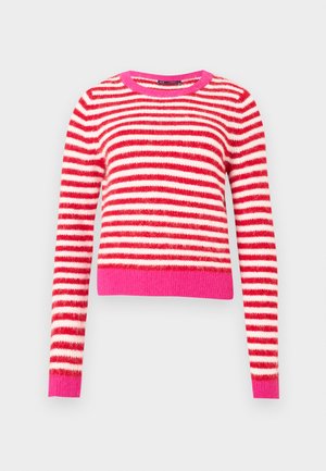 Striped sweater in red and white, made from soft material. Features a pink ribbed neckline and cuffs. Cropped design with long sleeves.