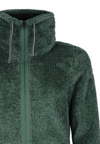 Groene zachte jas met hoge kraag, rits aan de voorkant en wit gestreepte trekkoorden op een effen achtergrond.