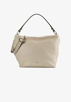 Beige leren handtas met een lossig ontwerp, verstelbare riem en hardware in goudkleur. Glad oppervlak en subtiele merkdetails.