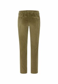 Pantalon en velours côtelé vert olive avec passants de ceinture et deux poches arrière boutonnées, montré de dos sur fond blanc.