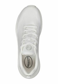 White athletic shoe with a textured mesh upper, flat laces, and a round logo. Cushioned sole and breathable lining. Simple, minimalist design.