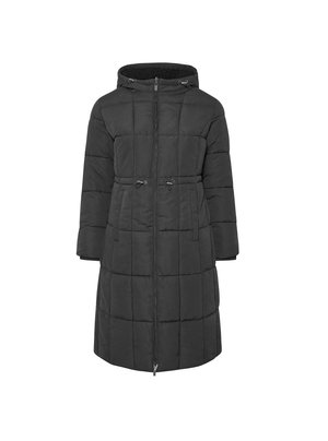 Zwarte gewatteerde jas met een capuchon, voorzien van een ritssluiting, zijzakken en verstelbare trekkoorden op de taille voor een getailleerde pasvorm.