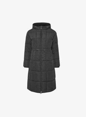 Czarna ocieplana kurtka z kapturem, z zamkiem błyskawicznym, bocznymi kieszeniami oraz regulowanymi sznurkami w talii dla dopasowanego fasonu.