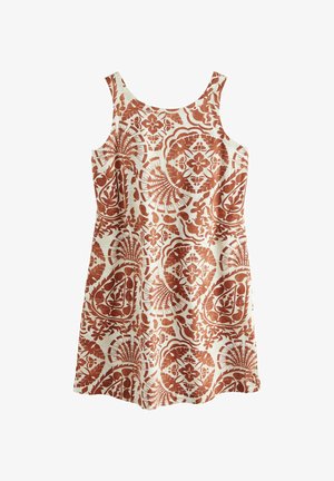 Ärmelloses Kleid in Off-White mit einem rostfarbenen floralem und paisleymuster. Hergestellt aus leichtem Stoff mit einem lässigen Schnitt und A-Linie Form.