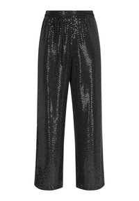 Zwarte pailletten wijde pijpen broek met een elastische tailleband en trekkoord. Kenmerkt zich door een gladde textuur en glanzend oppervlak met reflecterende pailletten.