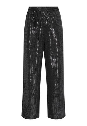 Pantalons larges en sequins noirs avec taille élastique et cordon de serrage. Présente une texture lisse et une surface brillante avec des sequins réfléchissants.