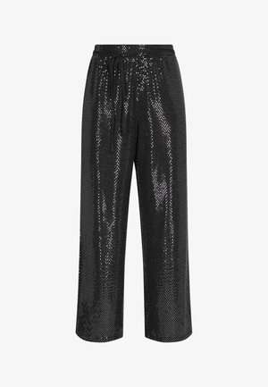 Pantaloni a gamba larga neri con paillettes, dotati di vita elastica e cordino. Presentano una texture liscia e una superficie lucida con paillettes riflettenti.