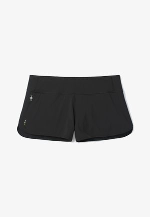 Shorts de sport noirs en tissu léger. Dotés d'une taille plate et d'un petit logo sur le côté gauche, avec des rayures multicolores au bas.