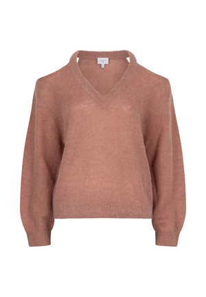Stofroze trui met een V-hals, drop shoulders en een open rugontwerp. Gemaakt van een zachte, gestructureerde brei stof. Lange mouwen.