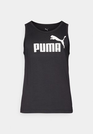 Zwarte mouwloze tanktop van zacht materiaal, met een groot wit "PUMA" logo en een springende poema grafiek aan de voorkant.