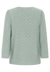 Haut à manches longues vert clair avec un motif texturé brodé et de petites découpes. Présente un col rond et des épaules légèrement bouffantes.